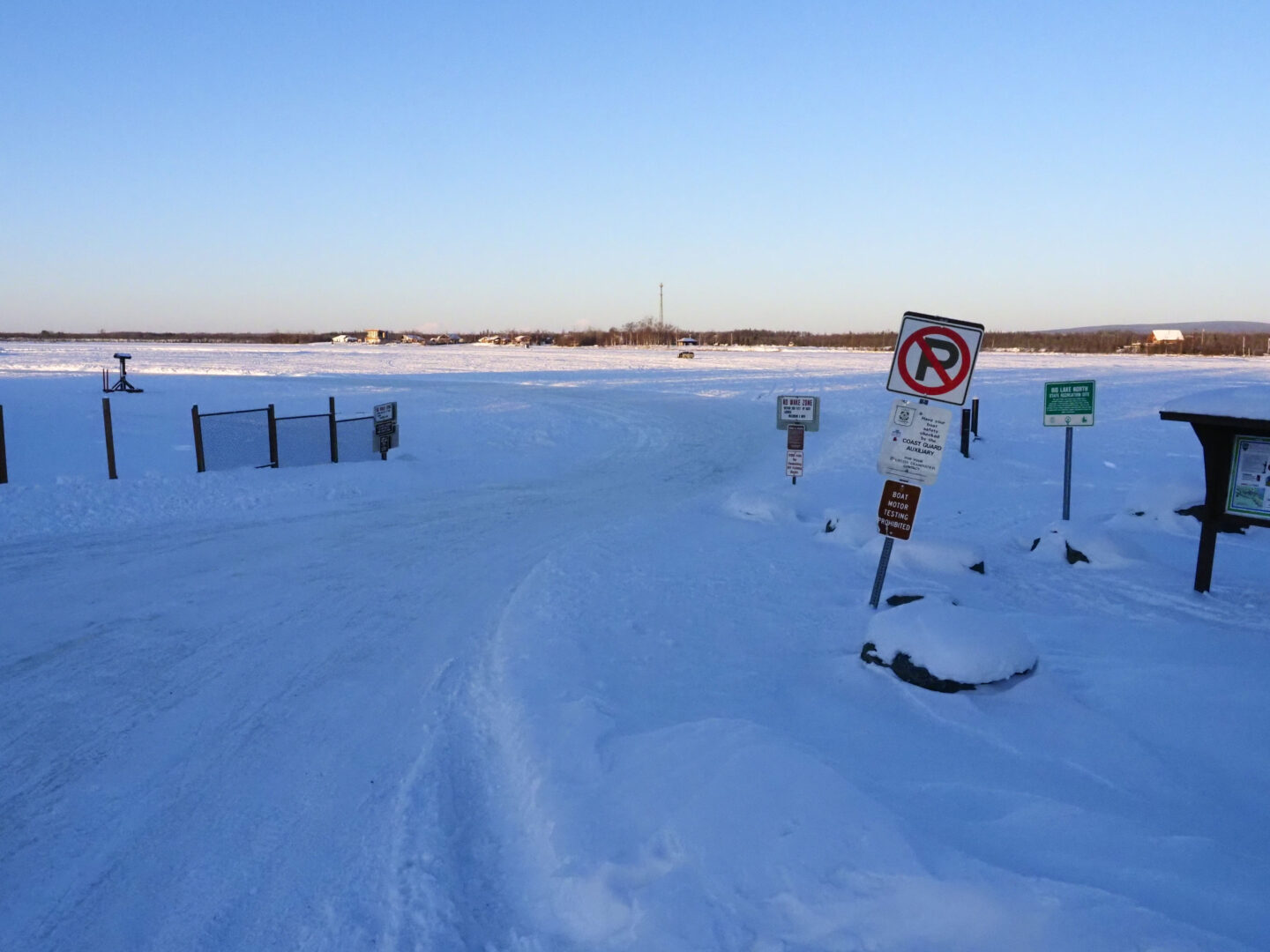 View of Big Lake North State Recreation SIte boat launch in winter
