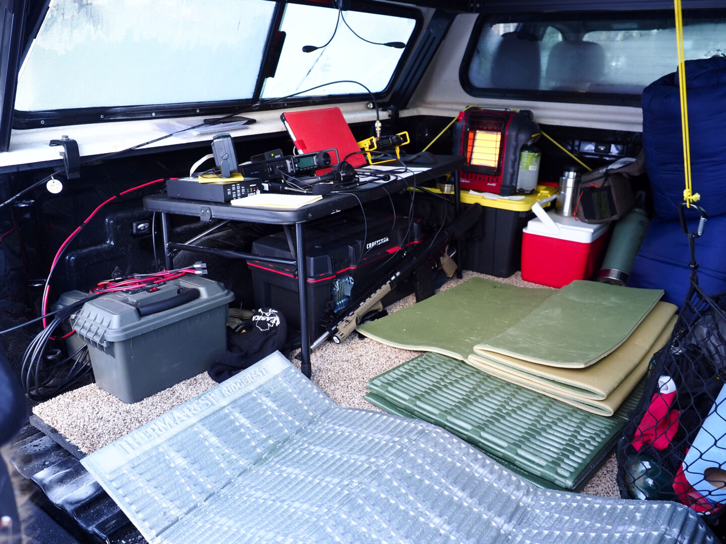 Ham radio station set up in the back of the truck