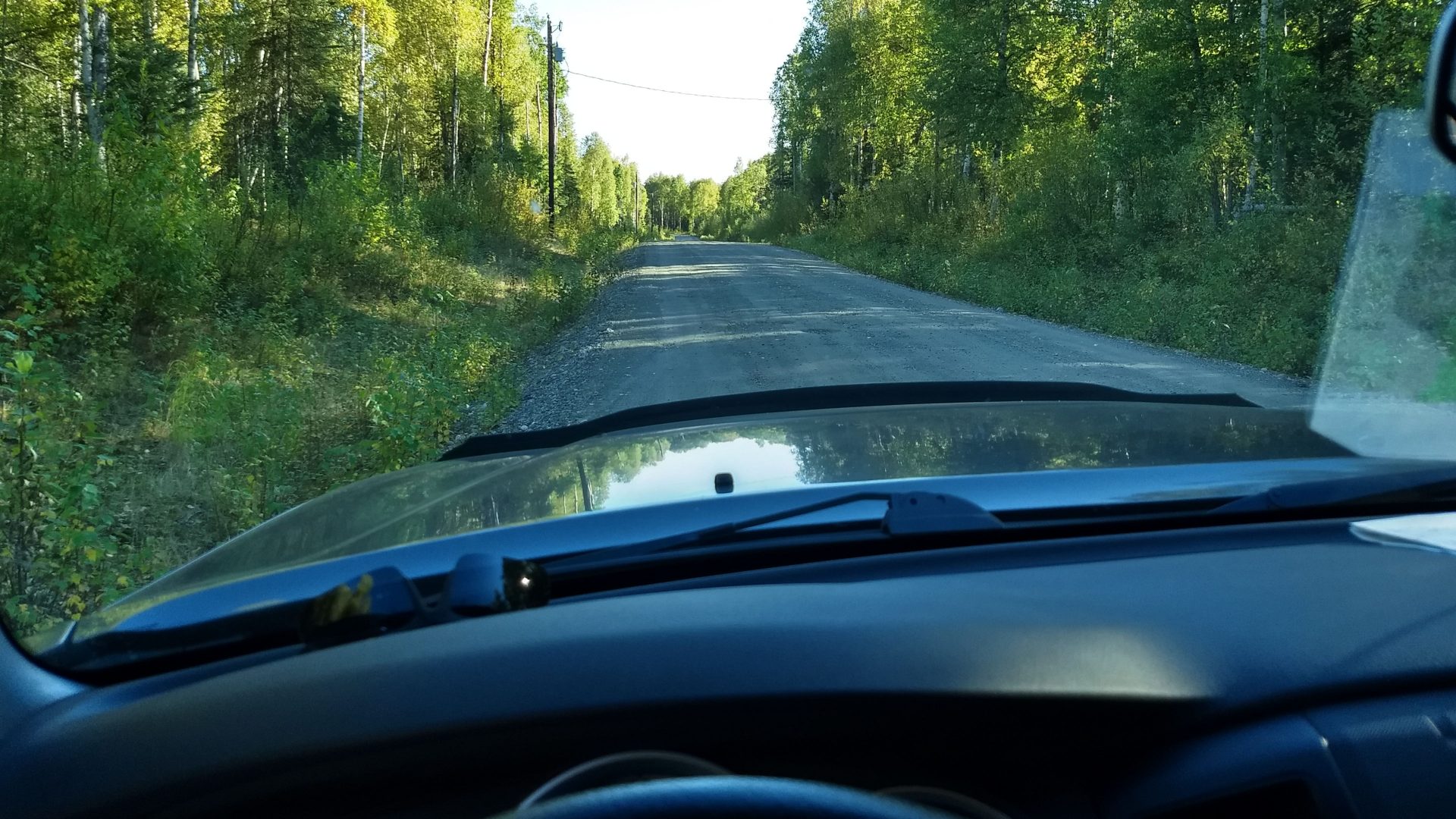 View through a vehicle dash looking at a forest in Alaska